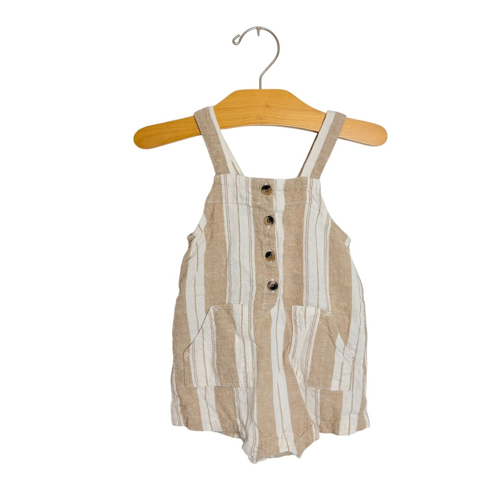 Old Navy Baby Tan White Striped Linen Blend Romper 12-18M Sleeveless One Piece